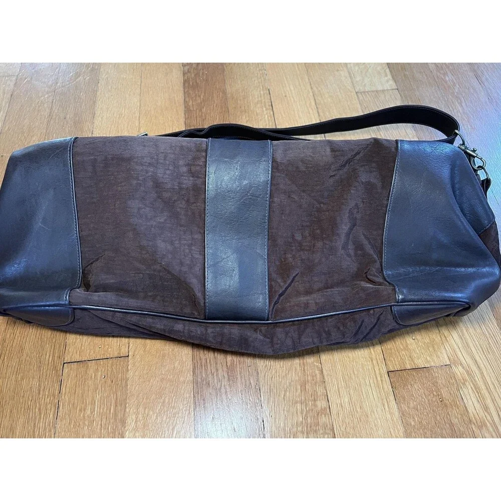Gevalia Kaffe Weekender Duffel Bag Brown Nylon Leather Trim Shoulder Strap
